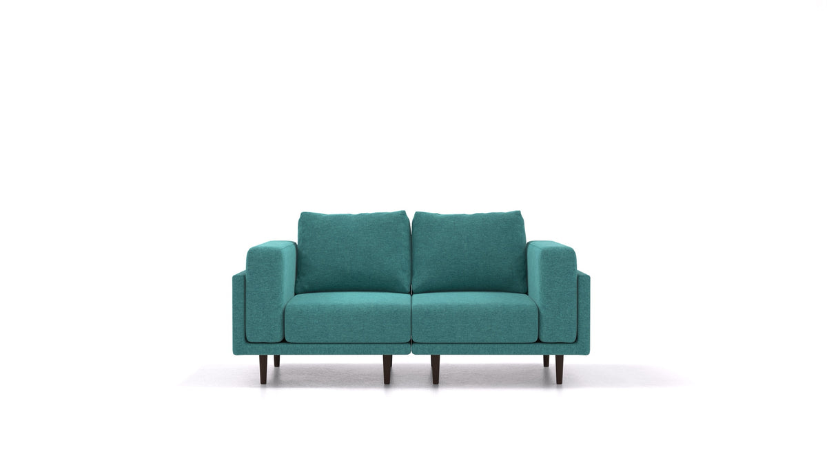 Clooods 2S, modularna sedežna garnitura FEYDOM v tkanini Velare ET-16 Turquoise, temne noge, pogled od spredaj