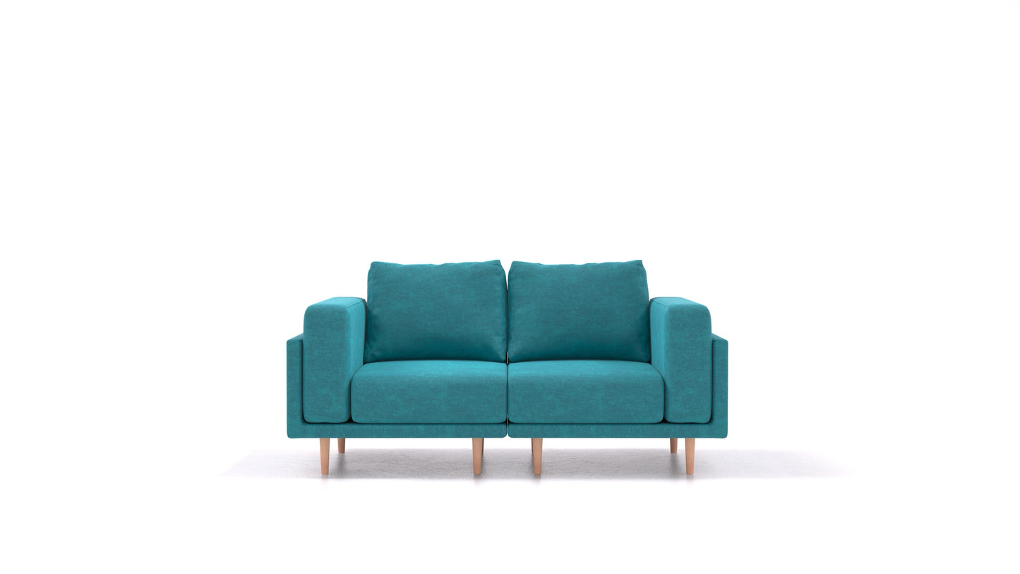 Clooods 2S, modularna sedežna garnitura FEYDOM v tkanini Mollia FF-20 Turquoise, svetle noge, pogled od spredaj