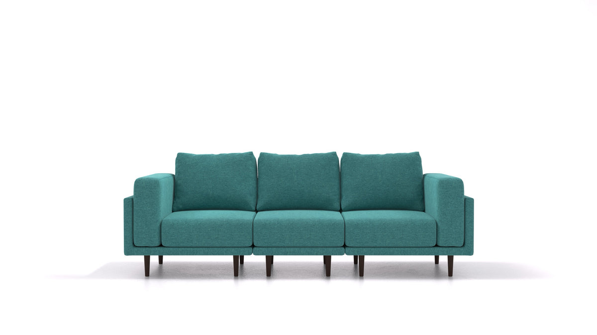 Clooods 3S, modularna sedežna garnitura FEYDOM v tkanini Velare ET-16 Turquoise, temne noge, pogled od spredaj