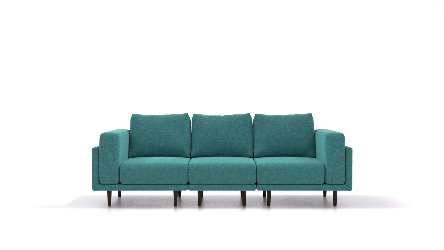Clooods 3S, modularna sedežna garnitura FEYDOM v tkanini Velare ET-16 Turquoise, temne noge, pogled od spredaj