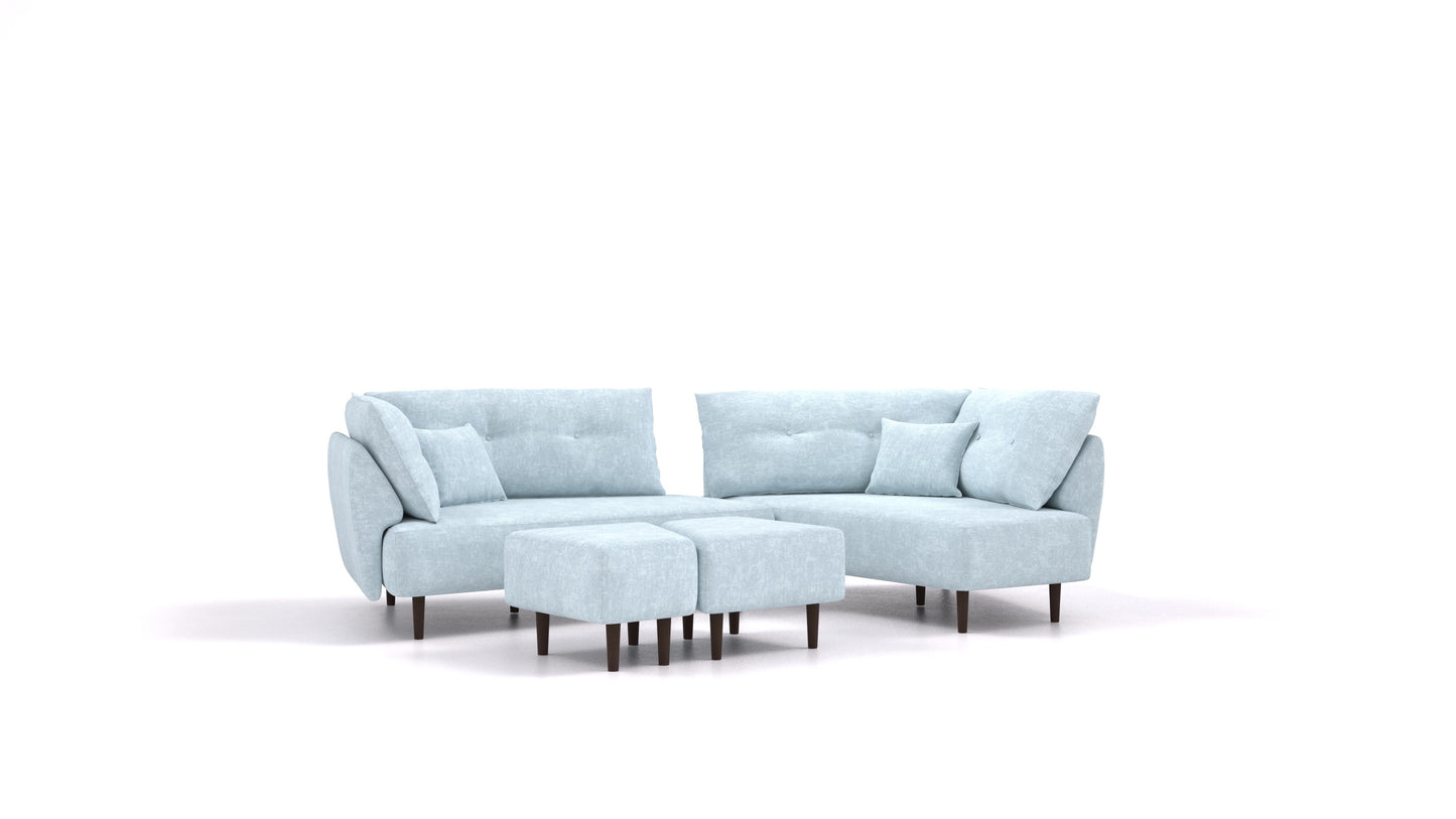 Diagon, modularna sedežna garnitura FEYDOM v tkanini Mollia FF-19 Pastel Blue, temne noge, pogled od spredaj