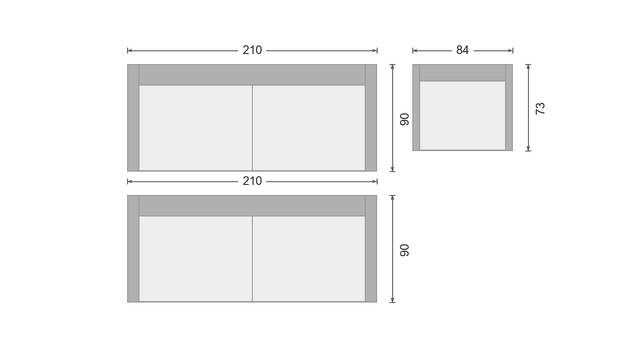 OIKO L als 2x trosed + fotelj, 2x 210 x 90 cm + 84 x 73 cm