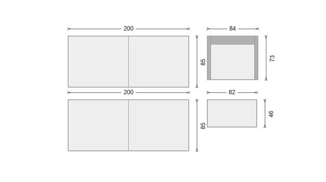 OIKO L+ als 2x ležišče + fotelj + miza, 2x 200 x 85 cm + 84 x 73 cm + 82 x 46 cm