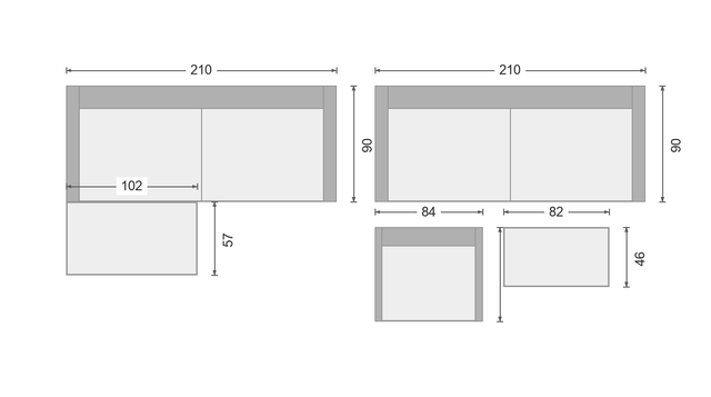 OIKO L+ als Kotna sedežna + trosed + fotelj + miza, 210 x 147 cm + 210 x 90 cm + 84 x 73 cm + 82 x 46 cm