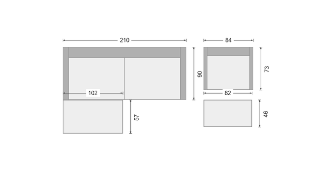 OIKO M+ als Kotna sedežna + fotelj + miza, 210 x 147 cm + 84 x 73 cm + 82 x 46 cm